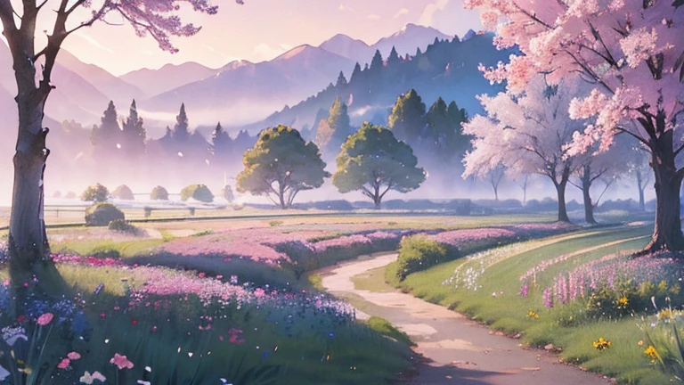 (highest quallity、high resolution、work of art)、(Art Anime 4K)、(photorrealistic)、((beautiful landscape photography))、((There is nobody))、cinema lighting、ray tracing、smooth light、Celtic landscape on a misty morning、Create a magical scene in a misty meadow on a calm morning、Draw delicate, blurred strokes、place々flowers bloom、(Sargent style watercolor)、(Edmundo Leighton style)、