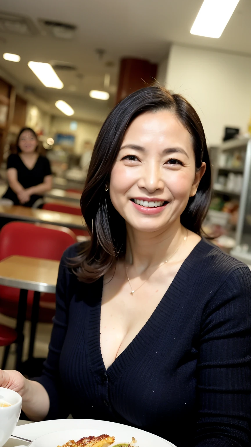 8k wallpaper, masterpiece, Highest quality, Super detailed, One Mature Woman, 50 years old, Become very clear, Wearing a short-sleeved knit, Skin dents, Captivating smile, Looking at the audience, Cleavage, plump, Curvaceous, Fascinating face, Smiling with teeth showing, I was happy, Sitting in a cafe, Background Blur