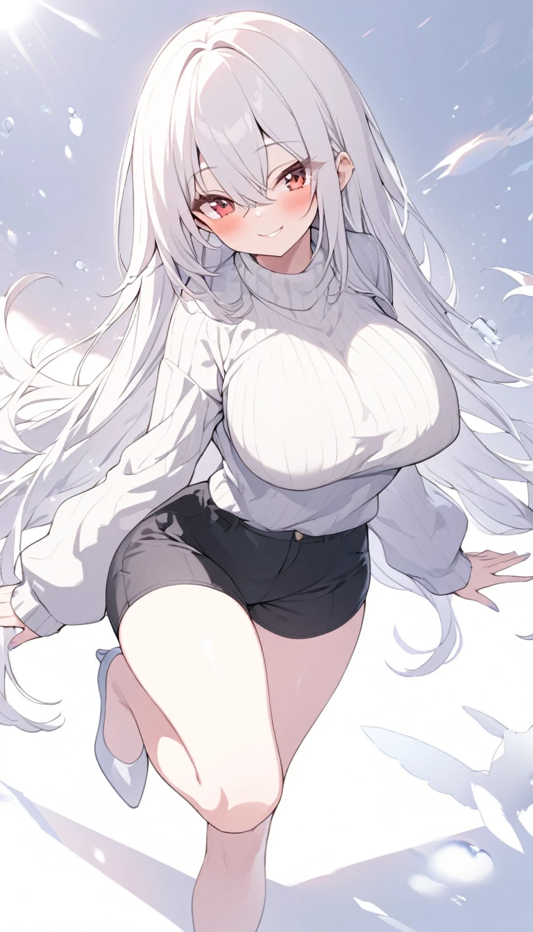 girl with oversized white shirt and black shorts in white heels standing on one leg, 1girl, solo, long hair, breasts, sweater, red eyes, large breasts, ribbed sweater, looking at viewer, smile, white hair, blush, hair between eyes