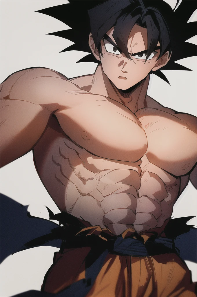 son goku, 1boy, closed mouth, male focus, muscular, muscular male, rock, sash, serious, solo, spiked hair, topless male, torn clothes, ultra instinct, black eyes, black hair, ((masterpiece)) カメハメは
