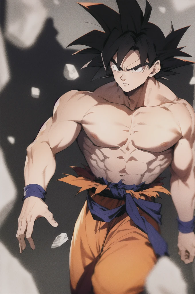 son goku, 1boy, closed mouth, male focus, muscular, muscular male, rock, sash, serious, solo, spiked hair, topless male, torn clothes, ultra instinct, black eyes, black hair, ((masterpiece)) カメハメは
