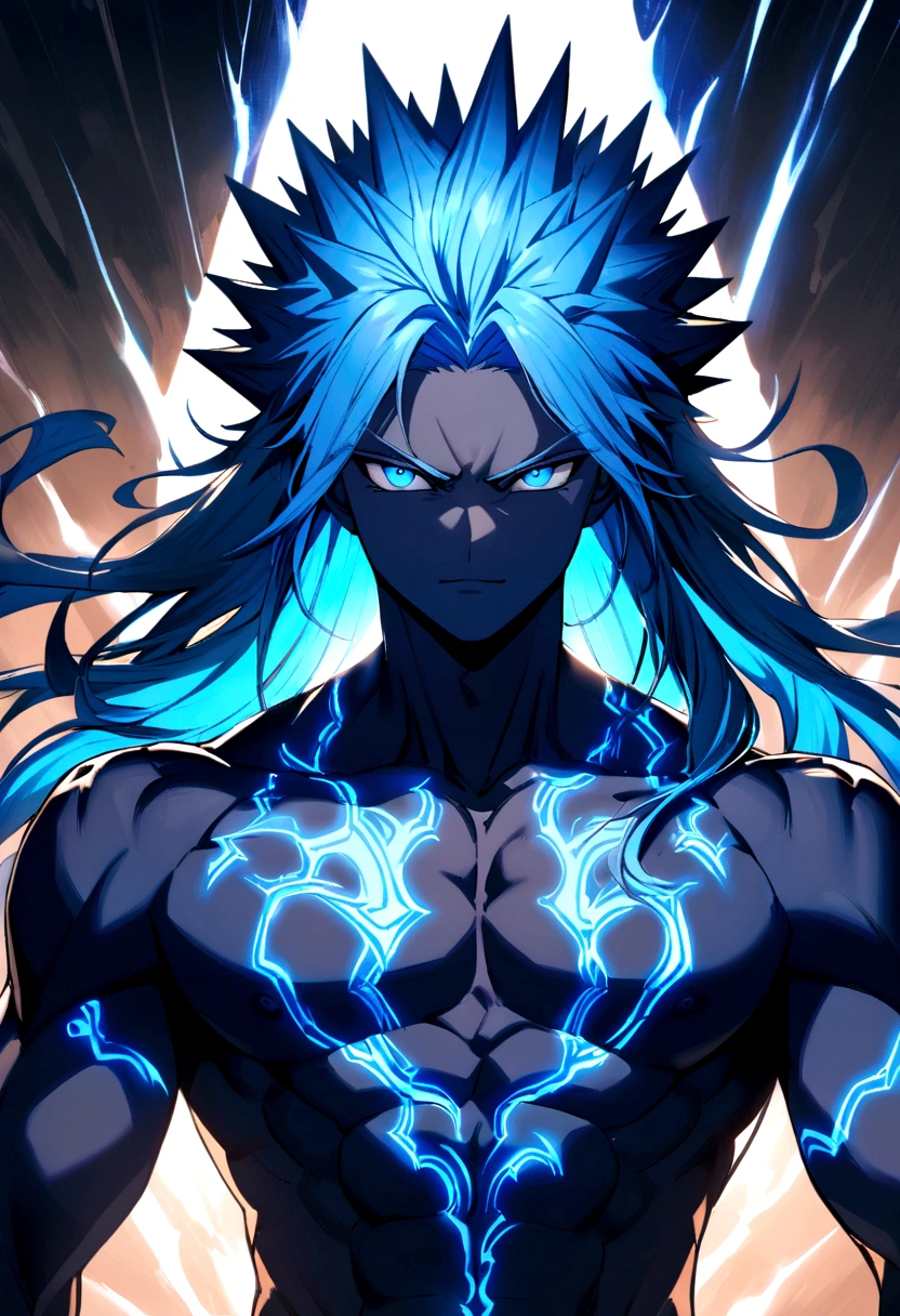 age boy, spiky hair, long hair, bright light blue hair, shining blue eyes, serious face, Simple smile, dark blue skin, muscular chest, blue tattoos on the body, intense electric aura