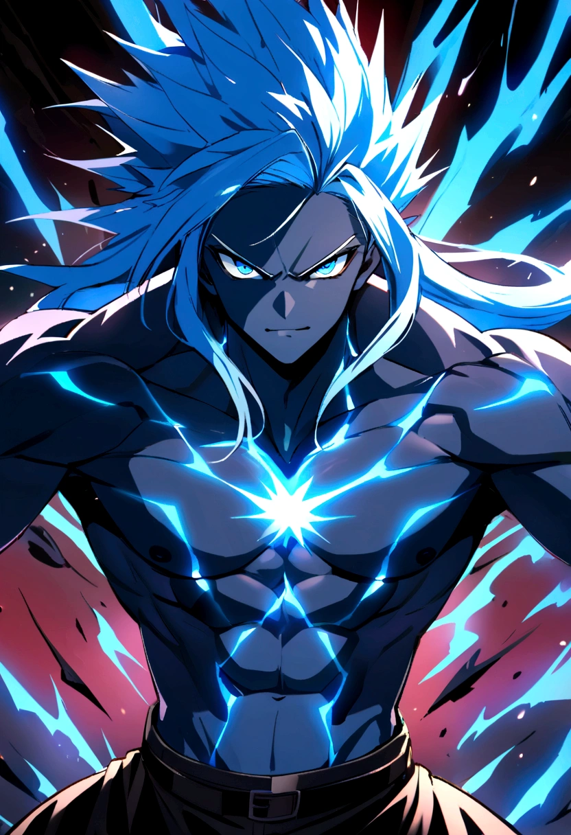 Teenage boy, spiky hair, long hair, bright light blue hair, shining blue eyes, serious face, Simple smile, dark blue skin, muscular chest, blue tattoos on the body, intense electric aura