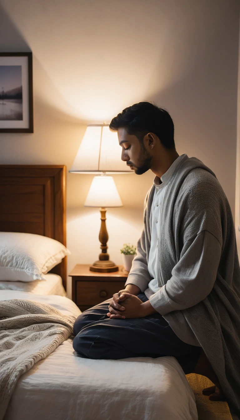 
"A person kneels next to the bed in a cozy, quiet bedroom, with hands together in prayer. Soft moonlight shines through the half-open window, creating a serene and intimate environment. on the bed, there is a soft blanket and a tidy pillow. on the wall, a hanging cross and some family photos. A lamp on the nightstand next to the bed casts a soft, warm light. The person has an expression of deep devotion and peace, eyes closed as he murmurs his prayers. The atmosphere is one of calm and reverence, capturing an intimate moment of faith and spiritual connection."
