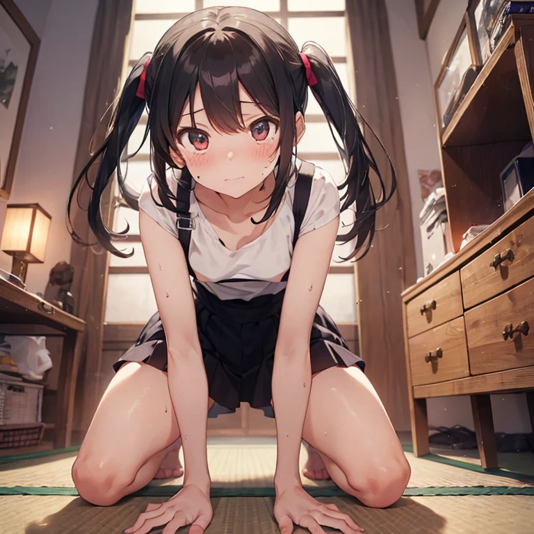 from below, nipples, sweat, bare foot,  girls, small breast, embarrassed, indoor, shoji, tatami, slim legs, slim girl, from below, girl bend over kneeling, (masterpiece:1.2), highest quality, High resolution, black hair, Perfect lighting, Highly detailed CG, (Perfect hands, Perfect Anatomy)