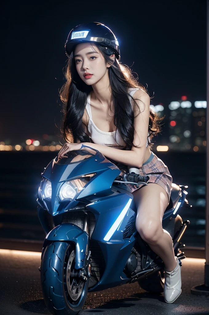 (((best quality))),(((ultra detailed))),(((masterpiece))),illustration,((1 beautiful girl,solo)),((slim,thin,small breasts,flat chest)),shoulder length straight hair,almond-shaped eyes, intense gaze, fair skin, subtle blush, full pink lips, confident smile,white collared shirt,Windsor knot on neck,short sleeves,red plaid pleated skirt,slender legs, deep blue hue, silver accents, form-fitting, low neckline, smooth skin,booties, urban scene, cyberpunk city, neon lights, tall buildings, LED signs, misty glow, dreamy ambiance, night sky, twinkling stars, electric atmosphere,(riding on a motorcycle:1.3), (safety helmet:1.3), vibrant atmosphere