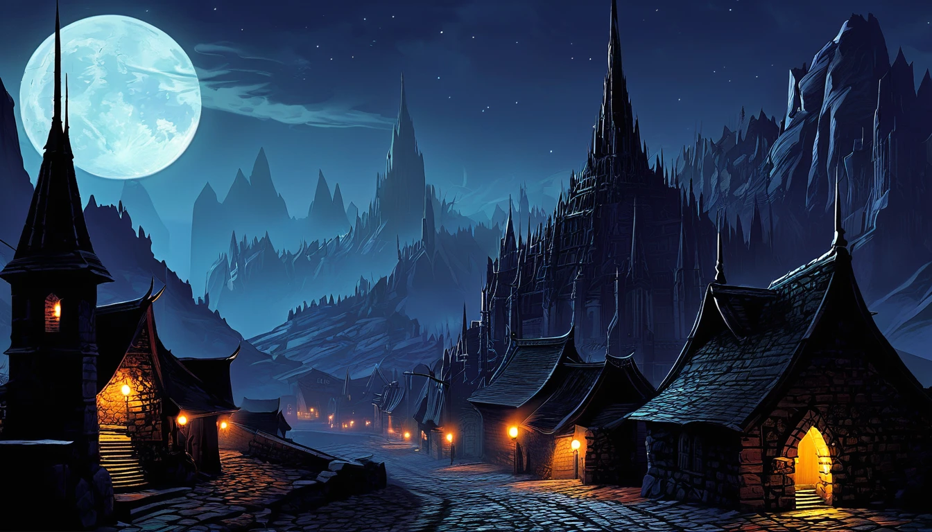 Ebonspire, a shadowy town nestled at the base of the Sable Peaks, pierces the night with its dark, towering spires that seem to drink in the moonlight, casting an eerie glow on the cobblestone streets below.