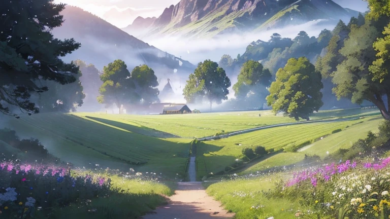 (highest quallity、high resolution、work of art)、(Art Anime 4K)、(photorrealistic)、((beautiful landscape photography))、((There is nobody))、cinema lighting、ray tracing、smooth light、Celtic landscape on a misty morning、Create a magical scene in a misty meadow on a calm morning、Draw delicate, blurred strokes、place々flowers bloom、(Sargent style watercolor)、(Edmundo Leighton style)、