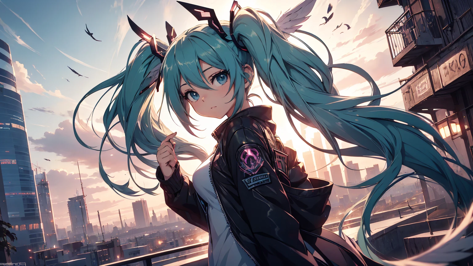 anime girl,tennage girl 18 years old, anime style, cute hatsune miku x angel, dark natasha art, city landscape, 6 feather angel wings add_detail:1, angelical girl