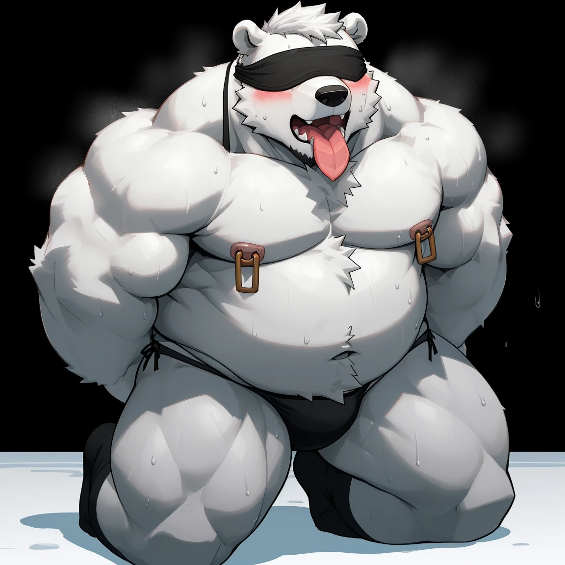masterpiece, best quality, 8k resolution, Very detailed, hairy,(((polar bear)),(((Mature))),(((beard))),(((fat))),(((White hair all over body))),(((portrait))),(((White hair))),(((Dark room))),For the audience,(((Shirtless))),(((Nipple Rings))),(((Blushing))),Highest quality scene,(((Hip bulge))).(((whole body))),((( Blindfolded))),(((Kneeling))),(((Fat-enclosed muscle))),(((Round face))),(((alone))),(((Strong body))),(((Open your mouth and stick your tongue out))),(((Shameful))),((sweaty)),(((Thong))),((Black socks)),
