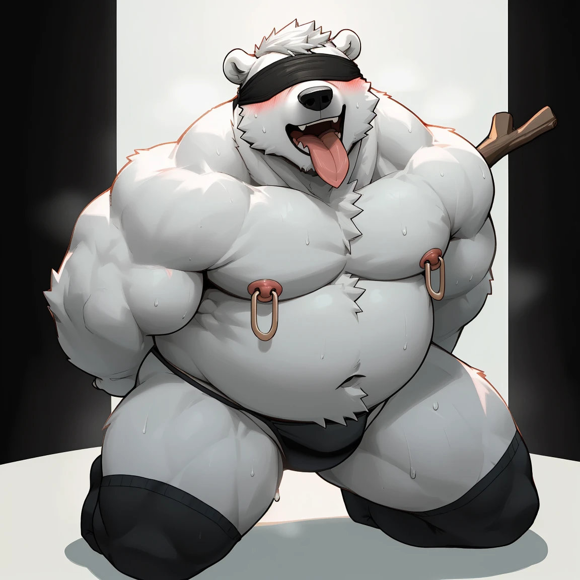 masterpiece, best quality, 8k resolution, Very detailed, hairy,(((polar bear)),(((Mature))),(((beard))),(((fat))),(((White hair all over body))),(((portrait))),(((White hair))),(((Dark room))),For the audience,(((Shirtless))),(((Nipple Rings))),(((Blushing))),Highest quality scene,(((Hip bulge))).(((whole body))),((( Blindfolded))),(((Kneeling))),(((Fat-enclosed muscle))),(((Round face))),(((alone))),(((Strong body))),(((Open your mouth and stick your tongue out))),(((Shameful))),((sweaty)),(((Thong))),((Black socks)),