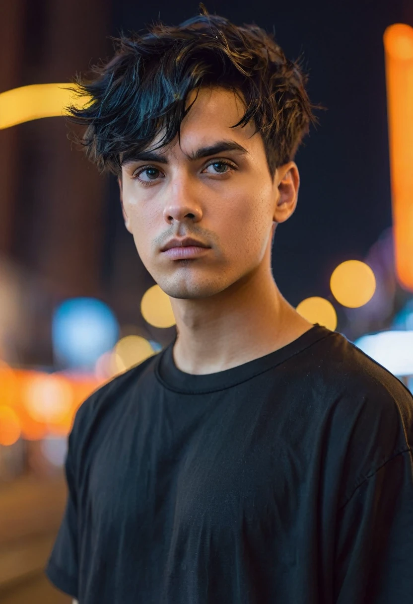 portrait closeup, low angle shot, of a young man with short, messy black hair, serious expression, Oval face, dressed in an oversized black t-shirt, detailed portrait, futuristic city background with orange neon lights