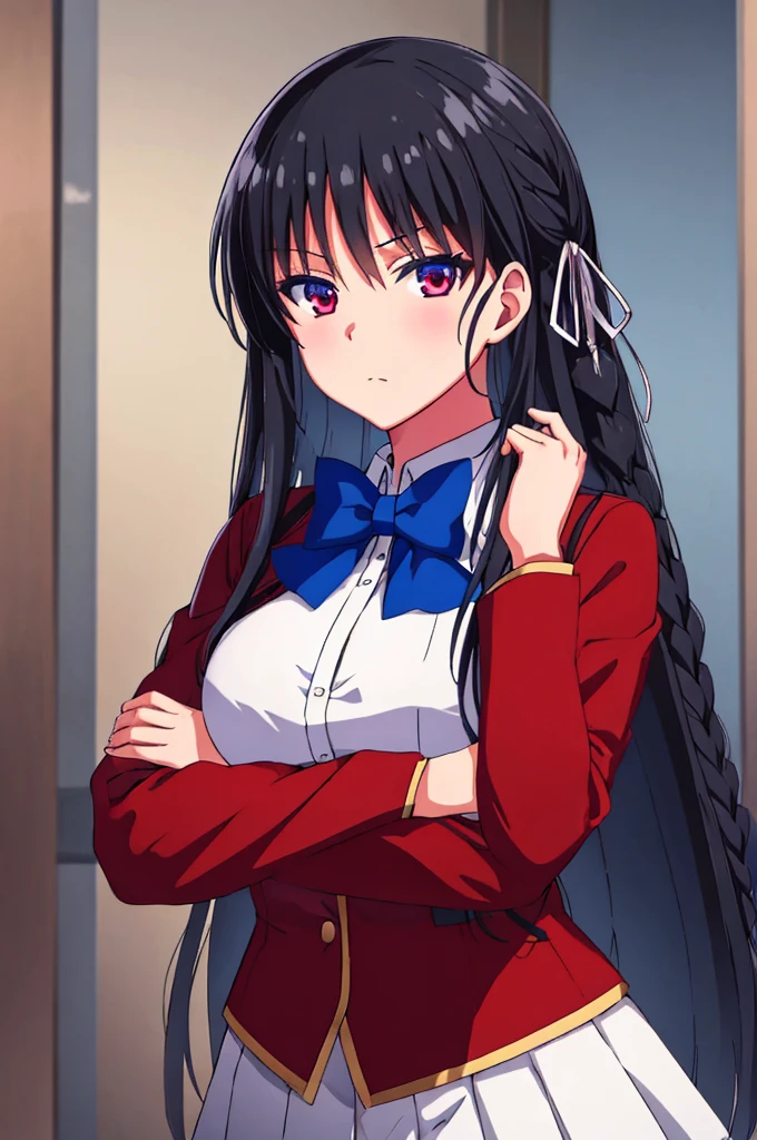 (masterpiece:1.3), (best quality:1.1), (8k, ultra detailed, ultra high res:1.1), ((anime style)), perfect 5 fingers, (perfect anatomy:1.2),
1girl,
Suzune Horikita,
Suzune Horikita \(youjitsu\),
BREAK long hair, braid,
black hair,
red eyes, (focus detailed eyes:1.2),
blue bow,
medium breasts,
red jacket, long sleeves, white skirt, pleated skirt, black thigh-high socks,
BREAK looking at viewer, (upper body:1.2), indoor,