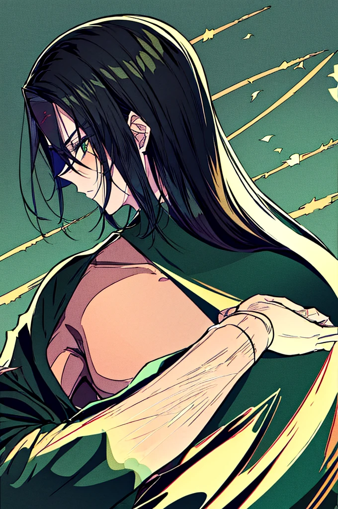 man, in a black kimono, green eyes, dark green hair, Slicked back hair, muscular, swordsman, with a katana, with green haori, scars everywhere, high, full length.
