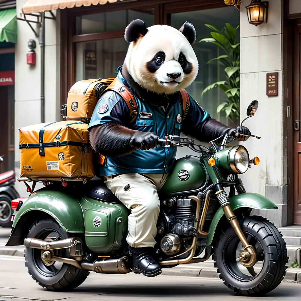 a panda delivery man, wearing a helmet and uniform, riding a lightweight motorcycle, highly detailed, hyper realistic, vintage, large tires, solo