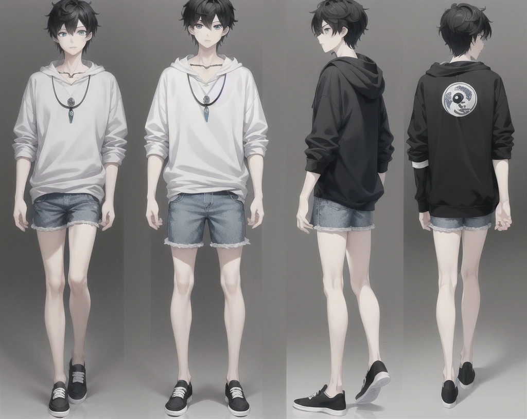 male character design sheet, short twink boy, wearing , black straight short hair, reserved and introspective