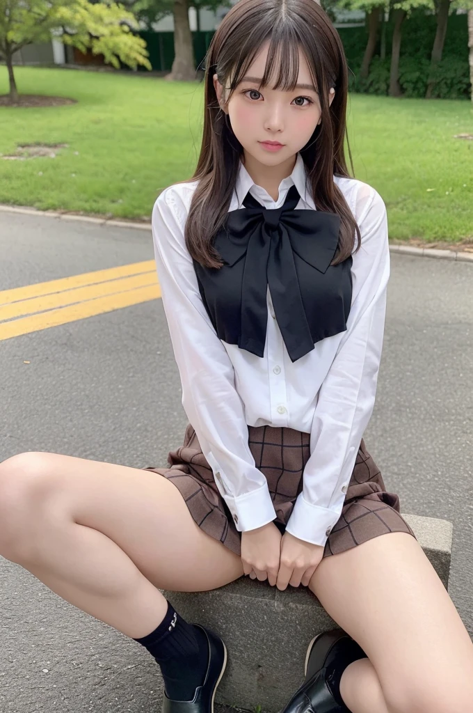 (8K、top-quality、​masterpiece:1.2)、(reallistic、Photorealsitic:1.2)、 Phenomenally cute girl、1６Japan Idols、Korean Idol、 student、A smile、sitting on、(((pantyshot)))、(((Spread your legs apart)))、solo、‎Classroom、watching at viewers、(Sit up:1.5)、In the school、Chest that looks like it's going to burst、Fine and beautiful eyes、)、(Dark blonde hair:1)、(Hair Long Hair:1.1)、pantyshot, Spread your legs apart, skirt by the, student clothes, white  panties, socks, A darK-haired, The shirt, bblurry, blurry backround, knee high, white  shirt, lowfers, life-like, length hair, s lips, Brown-eyed, Black socks, neck tie, pleatedskirt, the bow, head rest, looking to side, plein air, Brown Footwear, ​masterpiece, top-quality, Ultra-detail、(((pantyshot)))、(((Spread your legs apart)))、Inviting eyes