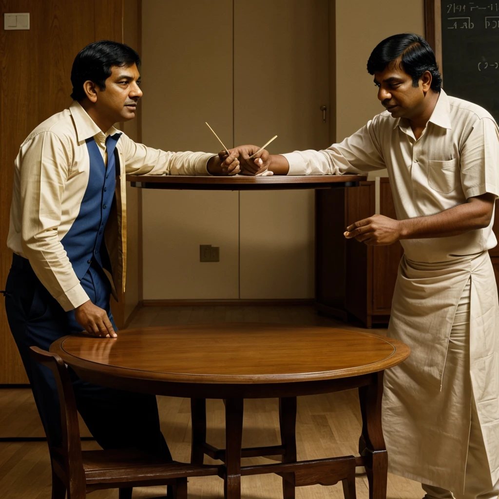 Newton and srinivasan ramanujan discussing topics of advanced mathematics on table