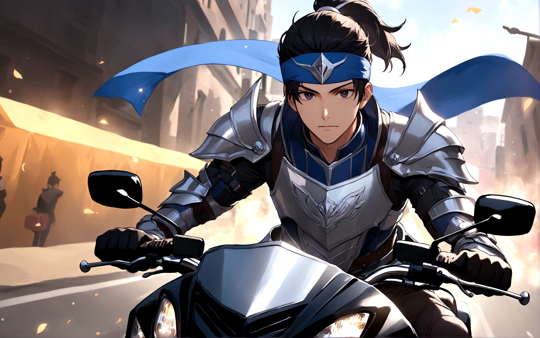 solo,Looking at the audience,Black hair,1boy,hold,Ponytail,arms,Male focus,holdarms,armor,Headband,Scapula,banner,Riding on a motorcycle,