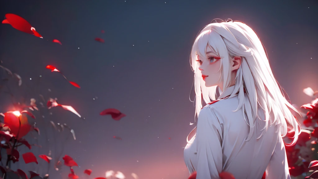 1 Girl, medium light white hair, light white eyes, wearing Red Suit 4D , night TOWN 18+, high res, ultrasharp, 8K, masterpiece, looking from behind