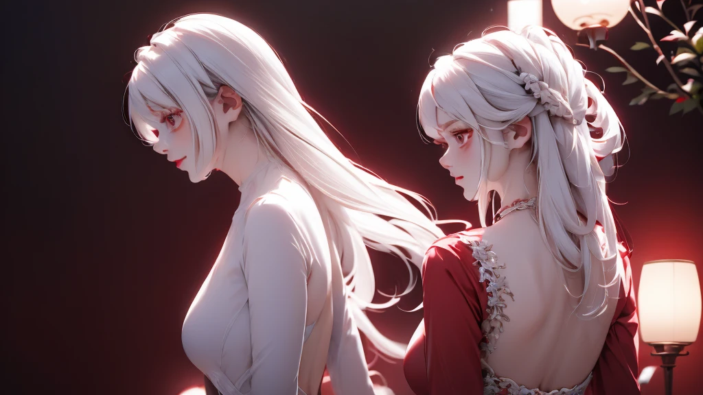 1 Girl, medium light white hair, light white eyes, wearing Red Suit 4D , night TOWN 18+, high res, ultrasharp, 8K, masterpiece, looking from behind