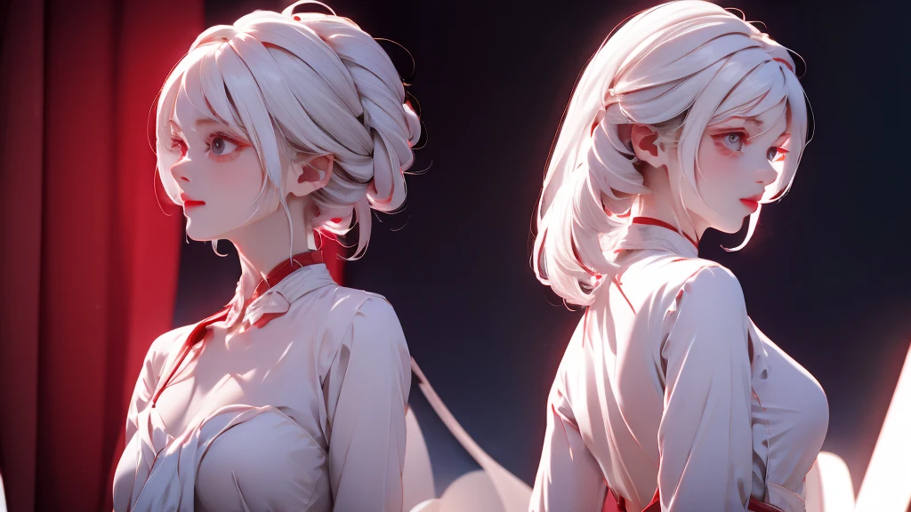 1 Girl, medium light white hair, light white eyes, wearing Red Suit 4D , night TOWN 18+, high res, ultrasharp, 8K, masterpiece, looking from behind