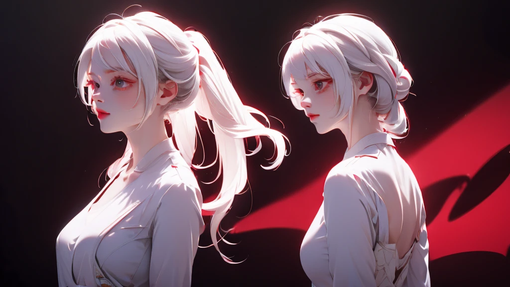 1 Girl, medium light white hair, light white eyes, wearing Red Suit 4D , night TOWN 18+, high res, ultrasharp, 8K, masterpiece, looking from behind