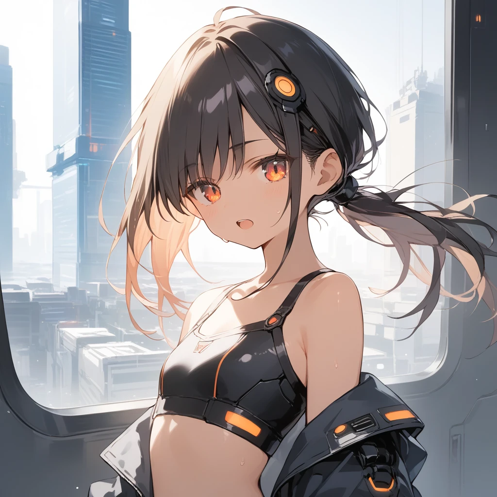 score_9, score_8_up, score_7_up, source_anime, best quality, masterpiece, official art, absurdres, highres, ultra-detailed,waifu2x,Collection: Slice of Life,break,1girl, cyborg girl, crop top cyborg armor, futuristic tech, mindcontrol device, yes covered with tech, tomboy, tanned-skinned female, short hair, low ponytail, flat chest, beautiful detailed eyes, sweat, open mouth, (yawn:0.3), sleepily, standing, futuristic city, wind, break, from bellow, (clear line illustration:1.2),very high resolution, very aesthetic, super detailed skin, Best sexual lighting powered by famous artist, 8k,cute picture,beauty illustration,photoshop_(medium),,(Detailed Lighting),best anime 8k konachan wallpaper, pixiv contest winner, 