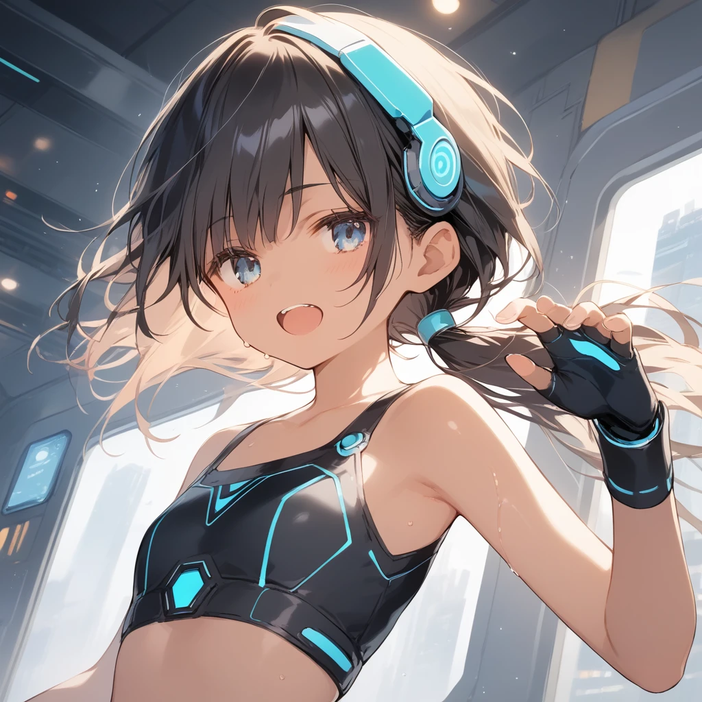 score_9, score_8_up, score_7_up, source_anime, best quality, masterpiece, official art, absurdres, highres, ultra-detailed,waifu2x,Collection: Slice of Life,break,1girl, cyborg girl, briliant azure eyes, crop top cyborg armor, futuristic headset, futuristic tech, mindcontrol device installed on head, yes covered with tech, tomboy, tanned-skinned female, short hair, low ponytail, flat chest, beautiful detailed eyes, sweat, open mouth, (yawn:0.3), sleepily, standing, futuristic city, wind, break, from bellow, (clear line illustration:1.2),very high resolution, very aesthetic, super detailed skin, Best sexual lighting powered by famous artist, 8k,cute picture,beauty illustration,photoshop_(medium),,(Detailed Lighting),best anime 8k konachan wallpaper, pixiv contest winner, 