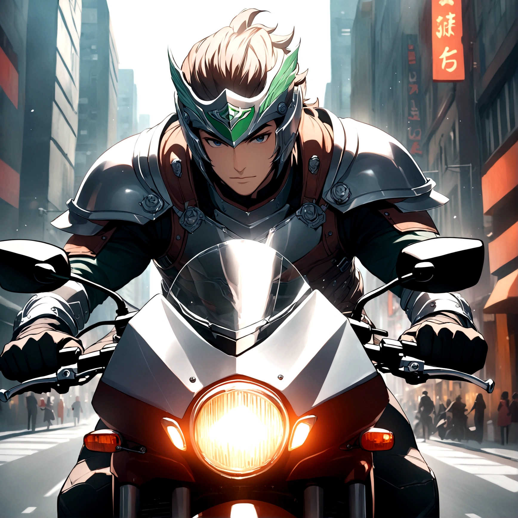 1boy,armor,Riding on a motorcycle,Male focus,City Streets,