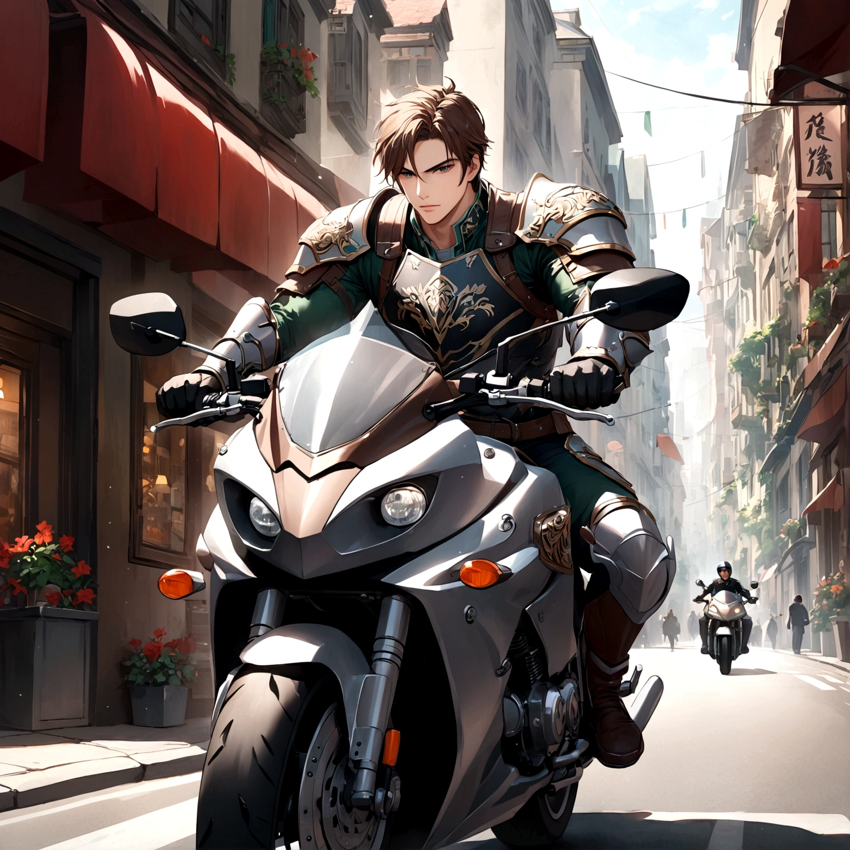 1boy,armor,Riding on a motorcycle,Male focus,City Streets,