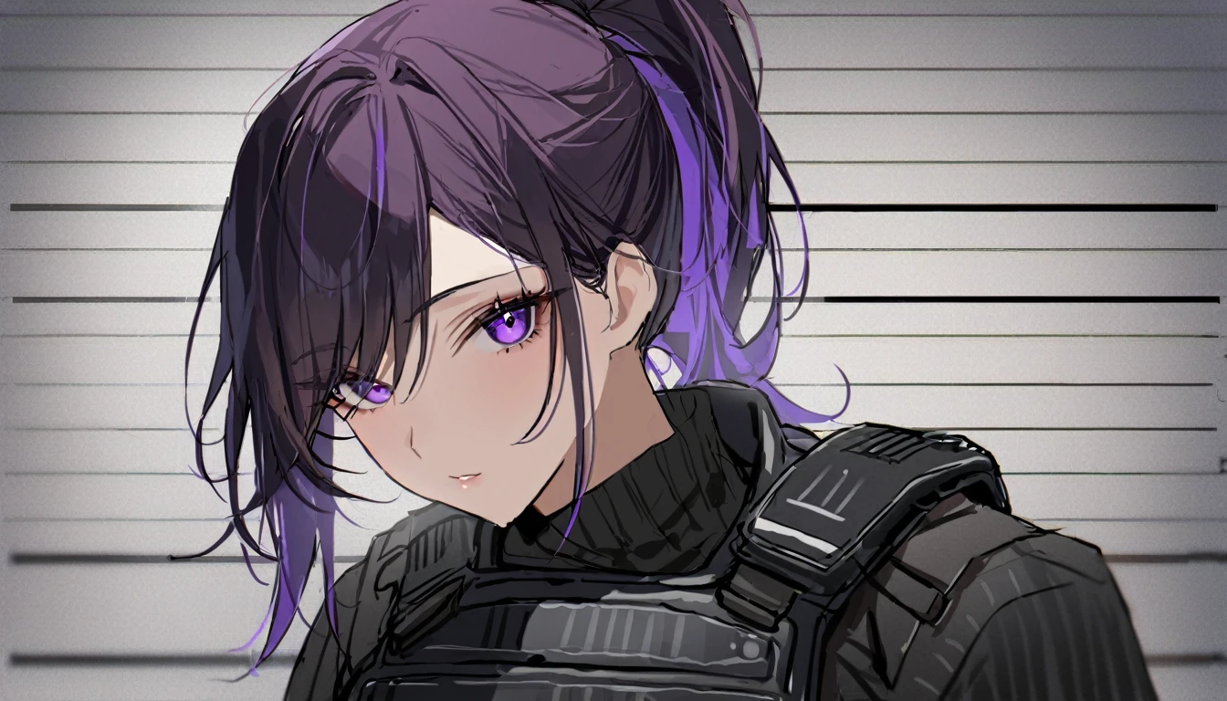 One girl, Dark hair with purple strands, Ponytail, purple eyes, black outfit,wearing bulletproof vest,background white, mugshot,id,id card, looking at camera, masterclass,refined,masterpiece,8k,sharp,clean.