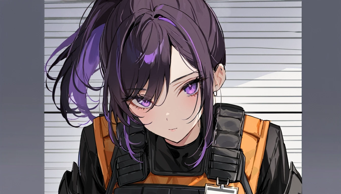 One girl, Dark hair with purple strands, Ponytail, purple eyes, black outfit,wearing bulletproof vest,background white, mugshot,id,id card, looking at camera, masterclass,refined,masterpiece,8k,sharp,clean.