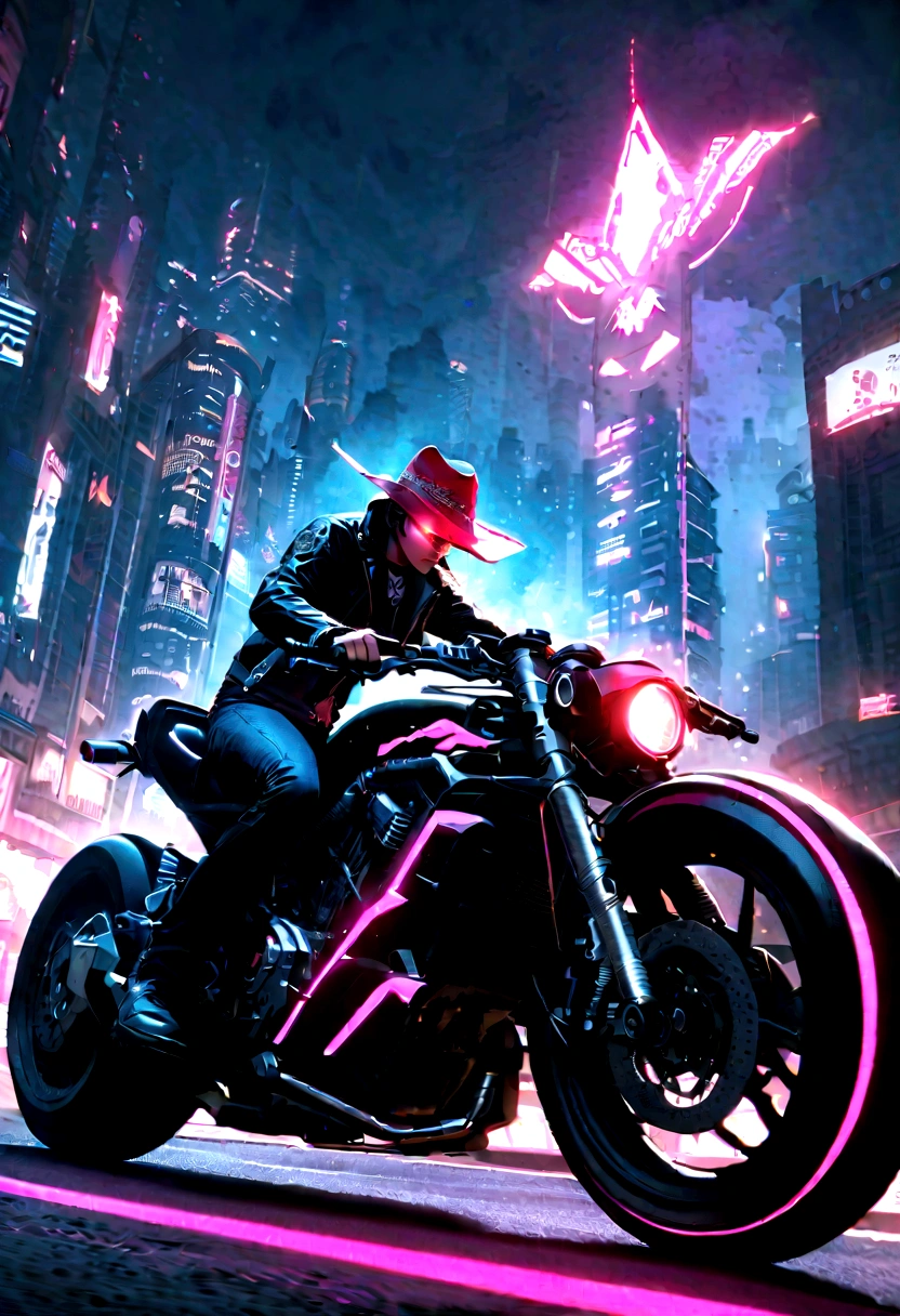 (Skull_Sheriff_Riding a motorcycle),metallic feel,Wearing a cowboy hat+Cockade+Neon brim,Wearing a leather jacket,retro futuristic style,Glowing eyes,Night view,Bright colors,Electric Spark,Dystopian Cityscape,Mixed reality。