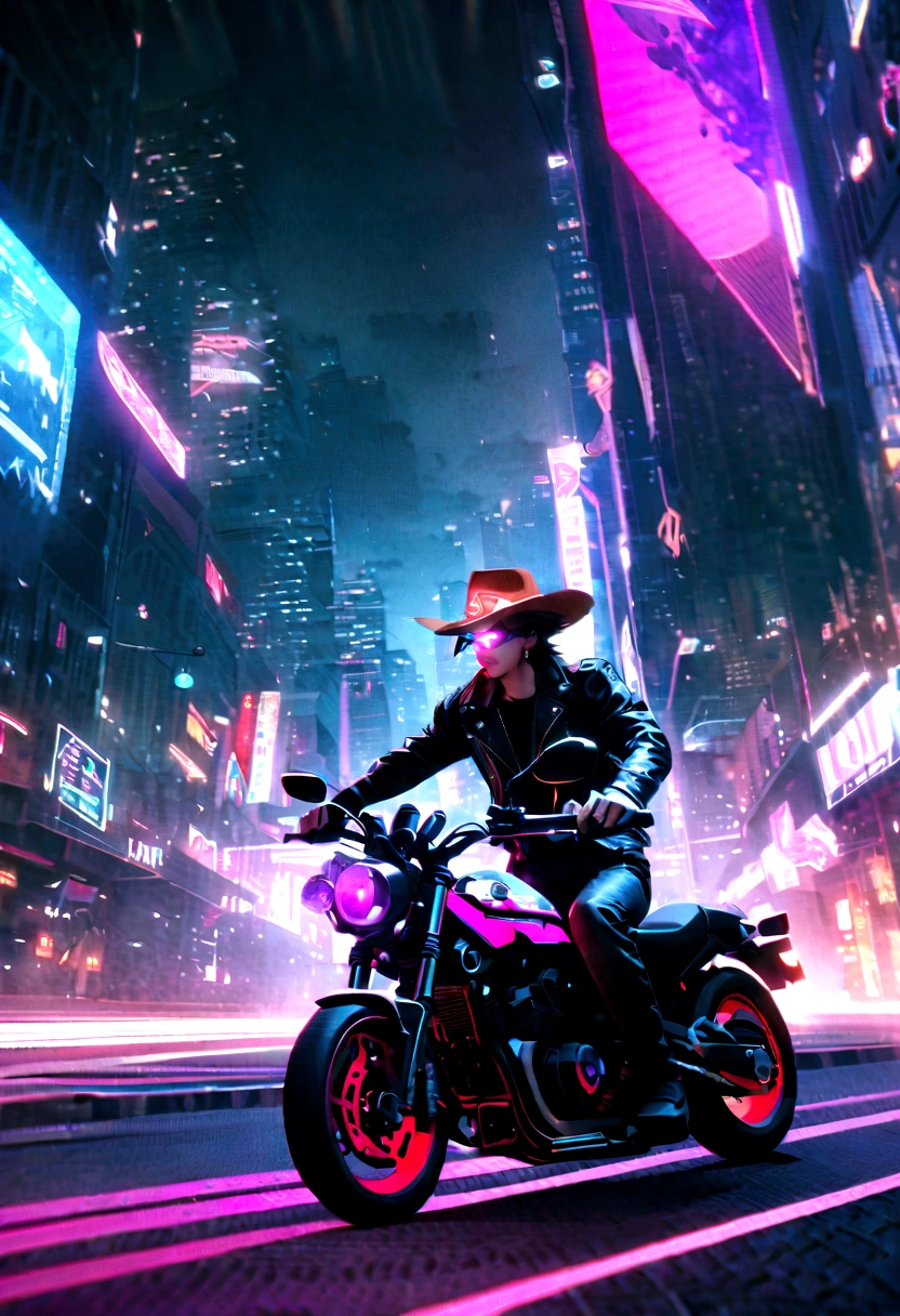(Skull_Sheriff_Riding a motorcycle),metallic feel,Wearing a cowboy hat+Cockade+Neon brim,Wearing a leather jacket,retro futuristic style,Glowing eyes,Night view,Bright colors,Electric Spark,Dystopian Cityscape,Mixed reality。