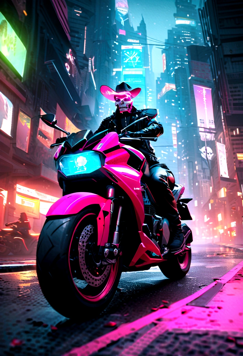(Skull_Sheriff_Riding a motorcycle),metallic feel,Wearing a cowboy hat+Cockade+Neon brim,Wearing a leather jacket,retro futuristic style,Glowing eyes,Night view,Bright colors,Electric Spark,Dystopian Cityscape,Mixed reality。