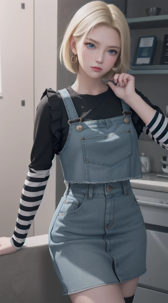 Android 18, Blonde hair, blue eyes, eyelash, Hoop Earrings, short hair, Earring straps, Black socks, Black shirt, 胸pocket, Clive Arch, clavicle, denim, denim skirt, Cowboy shooting,ハイウエストskirt, Jewelry, Long sleeve, pocket, shirt, shirt tucked in, skirt, Striped, Striped sleeves, Vest,The right move,