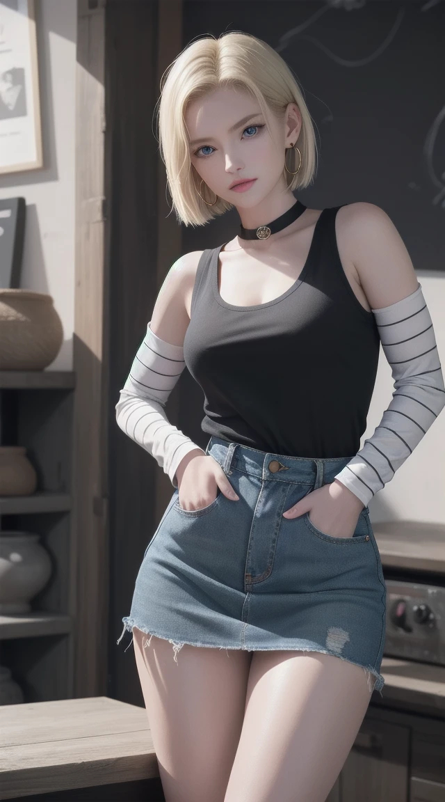 Android 18, Blonde hair, blue eyes, eyelash, Hoop Earrings, short hair, Earring straps, Black socks, Black shirt, 胸pocket, Clive Arch, clavicle, denim, denim skirt, Cowboy shooting，ハイウエストskirt, Jewelry, Long sleeve, pocket, shirt, shirt tucked in, skirt, Striped, Striped sleeves, Vest,The right move,