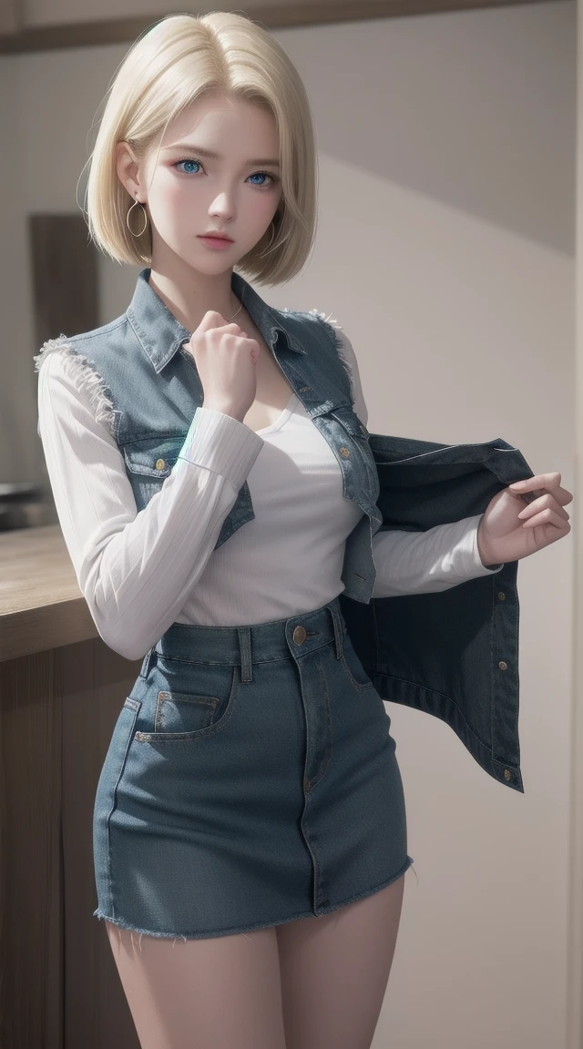 Android 18, Blonde hair, blue eyes, eyelash, Hoop Earrings, short hair, Earring straps, Black socks, Black shirt, 胸pocket, Clive Arch, clavicle, denim, denim skirt, Cowboy shooting,ハイウエストskirt, Jewelry, Long sleeve, pocket, shirt, shirt tucked in, skirt, Striped, Striped sleeves, Vest,The right move,