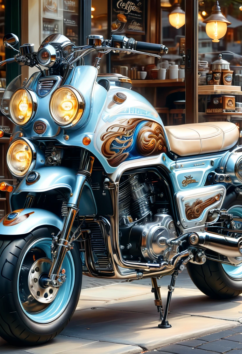 ( Perfect anatomical structure )masterpiece, Exquisite and detailed, fresh and elegant aesthetic style, airbrush digital oil painting, exquisite artwork, creating a fresh morning coffee shop scene photo,Electric motorcycle(Novel style,Unique)Close-up motorcycle( Perfect anatomical structure ) Parked elegantly on the street next to the coffee shop.coffee shop scene masterpiece, Very detailed, Realistic original photos, Best quality, Extremely delicate texture, High-quality works by art masters