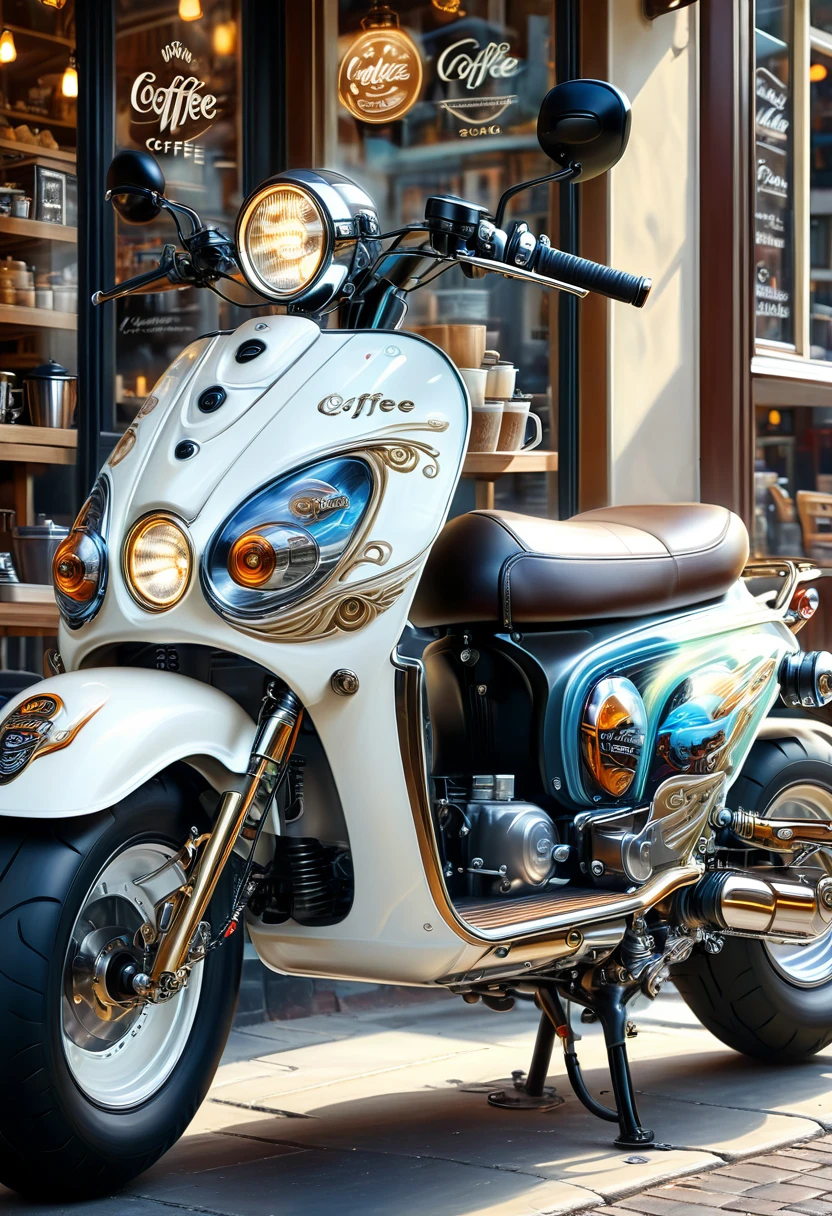 ( Perfect anatomical structure )masterpiece, Exquisite and detailed, fresh and elegant aesthetic style, airbrush digital oil painting, exquisite artwork, creating a fresh morning coffee shop scene photo,Electric motorcycle(Novel style,Unique)Close-up motorcycle( Perfect anatomical structure ) Parked elegantly on the street next to the coffee shop.coffee shop scene masterpiece, Very detailed, Realistic original photos, Best quality, Extremely delicate texture, High-quality works by art masters