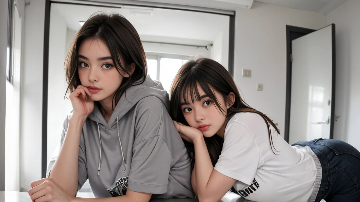 deux femmes ensemble de 18 ans sexy et mince , gray short sleeve hoodie , salle de classe, se touche,position sey,sensuel