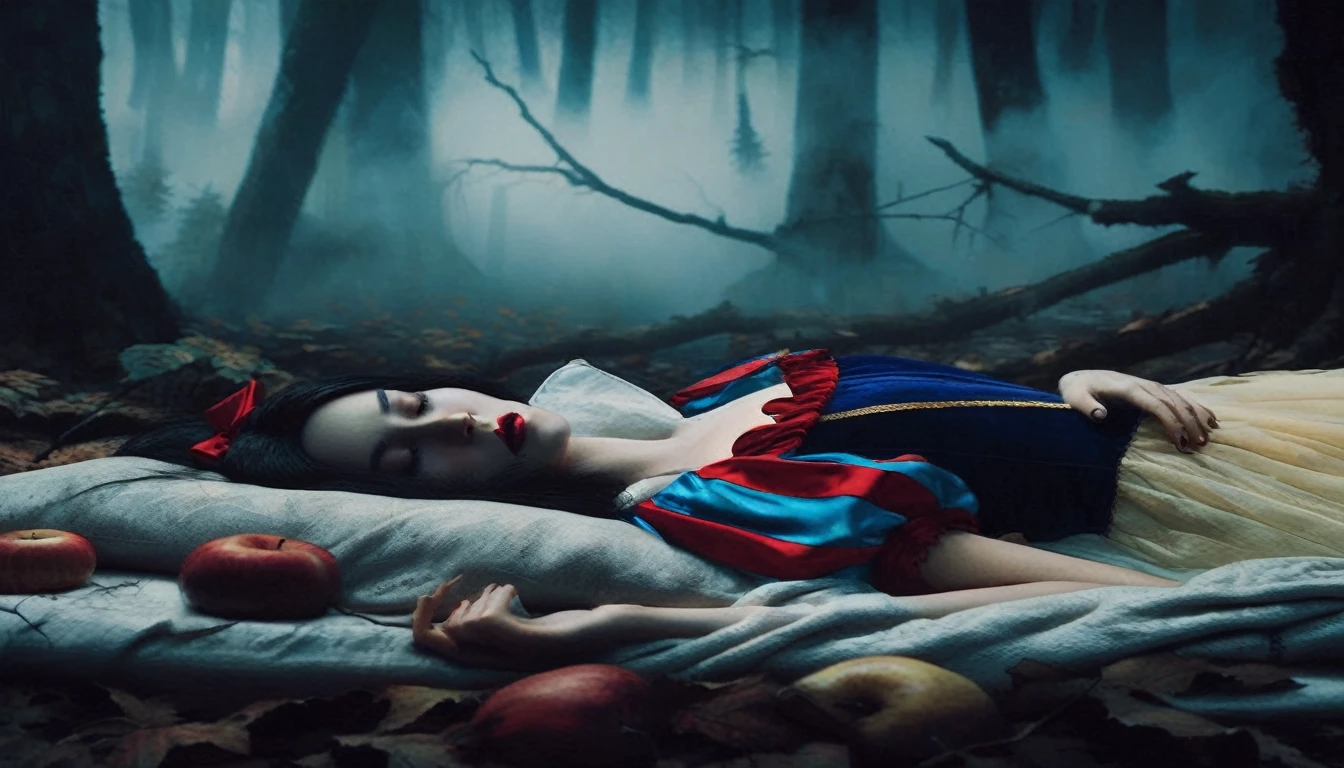 create a drawing, in A4 paper size, from the fairy tale SNOW WHITE, the scene where Snow White is passed out on the floor after eating the poisoned apple given to her by the witch 
