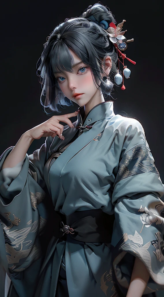  (detailed:1.4), Masterpiece, Best quality, 1 Female, Mature Woman, Elder Sister, young girl, Royal Sister, the expression is cold, strong, blue eyes, wolfcut short hair, smoky mix navy blue color hair, resolute eyes, simple black and white Taoist Taoist uniform, long red eardrop, Chinese mix morden, frontal photo, blank background, remove background, wolfcut hairstyle, anime, illustration