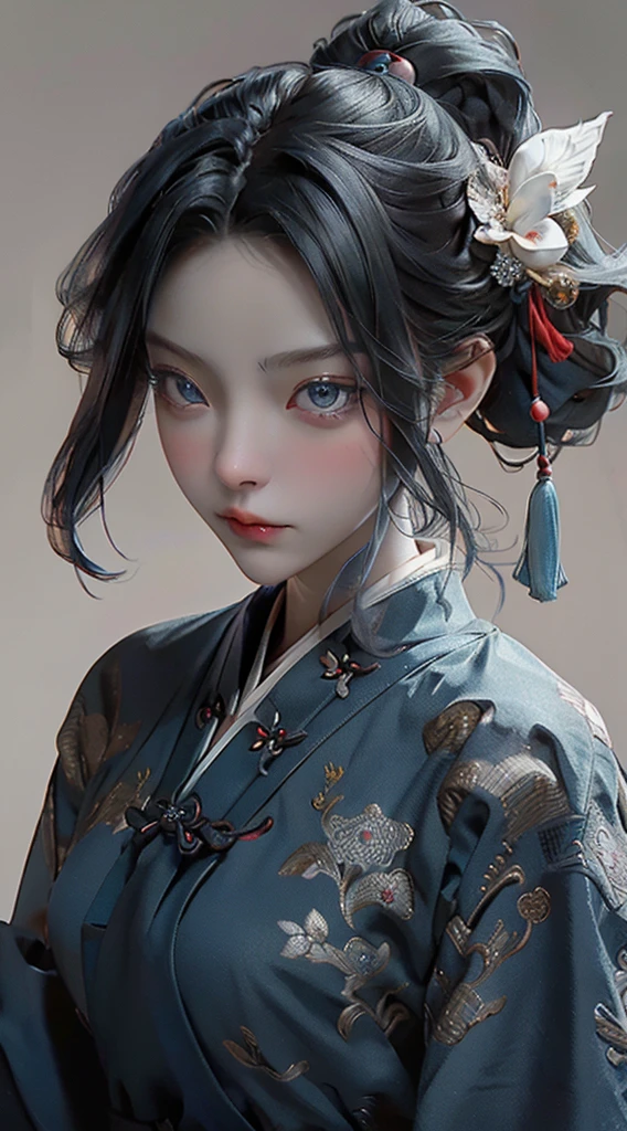  (detailed:1.4), Masterpiece, Best quality, 1 Female, Mature Woman, Elder Sister, young girl, Royal Sister, the expression is cold, strong, blue eyes, wolfcut short hair, smoky mix navy blue color hair, resolute eyes, simple black and white Taoist Taoist uniform, long red eardrop, Chinese mix morden, frontal photo, blank background, remove background, wolfcut hairstyle, anime, illustration