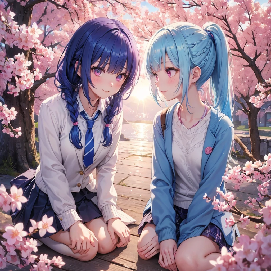 Sky blue hair, (Braided Ponytail),(Pink Eyes),Fair skin ,whole body,(1 Girl),Smile,spring, cherry blossoms, Knee-high socks for school, blazer, Straight bangs,(masterpiece, Highest quality, Super detailed, Best Shadow), (Detailed Background), (Beautifully detailed face), High Contrast, (Best lighting, Very delicate and beautiful), ((Cinematic Light)), colorful, Hyper Detail, Dramatic Light, Intricate details,sunshine,Leaning forward,