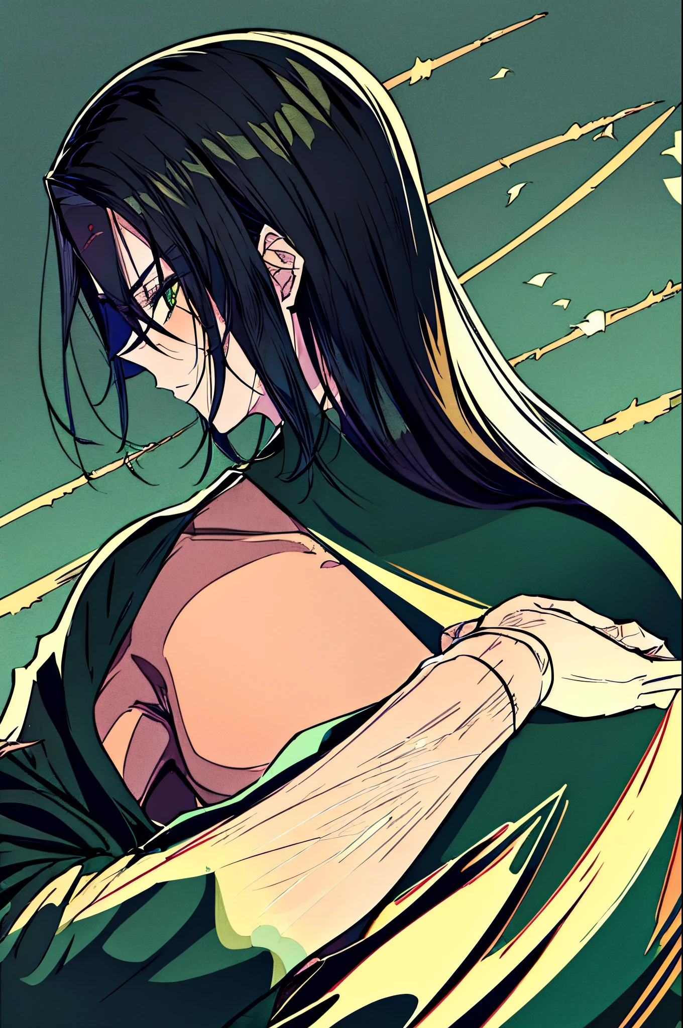 man, in a black kimono, green eyes, dark green hair, Slicked back hair, muscular, swordsman, with a katana, with green haori, scars everywhere, high, full length.