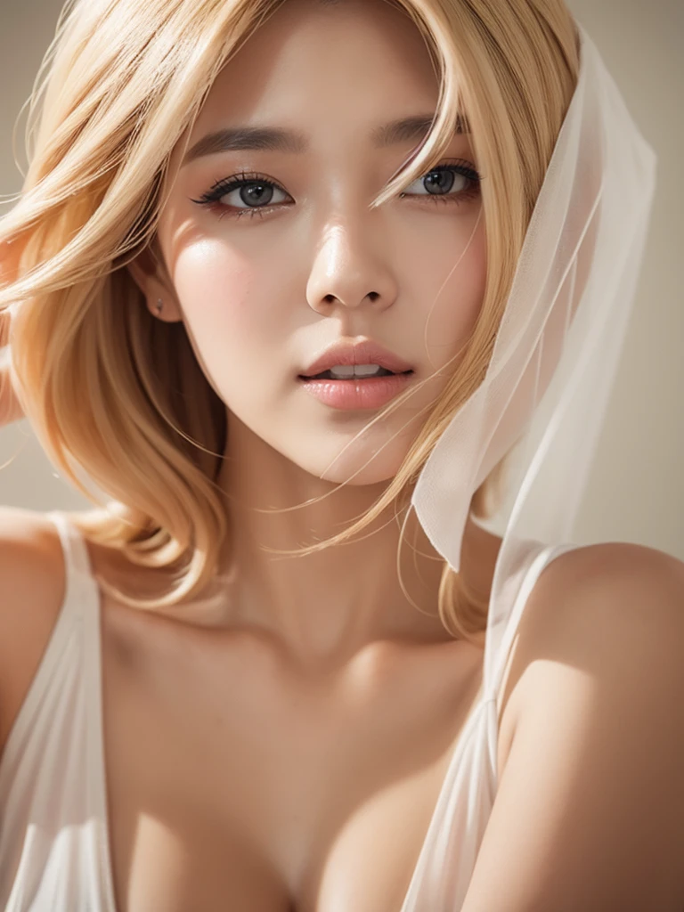 a beautiful young korean idol woman, 1girl, extremely detailed eyes, long eyelashes, beautiful detailed lips, flawless skin, elegant expression, intricate jewelry, detailed clothing, short bob blonde hair,   cleavage, small breasts, (best quality,4K,8K,highres,masterpiece:1.2),ultra-detailed,(realistic,photorealistic,photo-realistic:1.37),studio lighting,HDR,vivid colors,professional photography