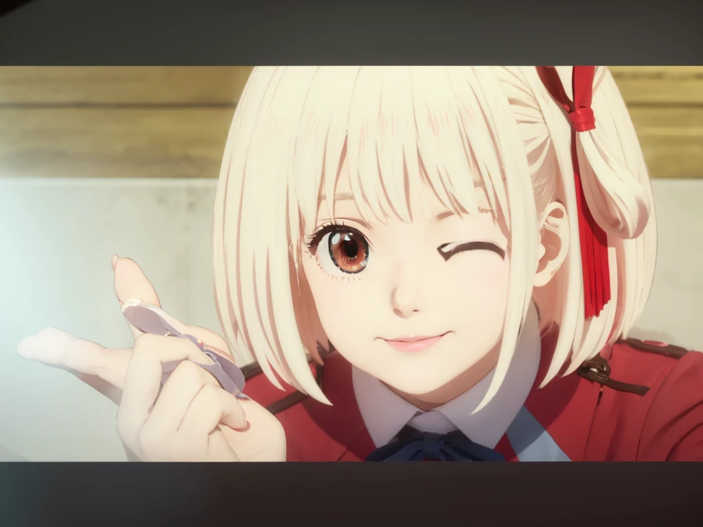 chisatonishikigi, Nishikigi chisato, short hair, bangs, Blonde Hair, (Red eyes:1.5), hair ribbon, One side up, Bobcut, break shirt, Long sleeve, dress, ribbon, White shirt, Collared shirt, belt, neck ribbon, red dress, blue ribbon, pleated dress, grey dress, two-tone dress, red belt, Uniform sake,, break outdoors, city, break looking at viewer, break (masterpiece:1.2), Highest quality, High resolution, unity 8k wallpaper, (figure:0.8), (Detailed and beautiful eyes:1.6), The best smile, Perfect lighting, Extremely detailed CG, (Perfect hands, Perfect Anatomy),White lace panties, dress lift,NSFW, Panty Shot,Panty shot on the bed,Camel Toe, Female masturbation, Crotch grab, Cum on ass, Pink steam, Spread your pussy,Handgun