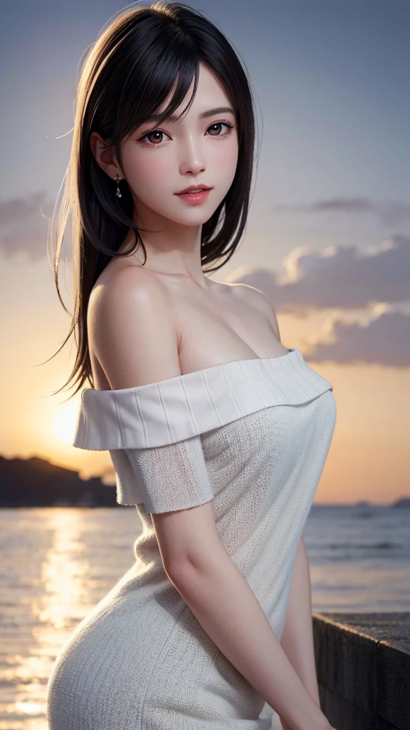 {Top Quality, Masterpiece}, (Realistic: 1.3), Wallpapers, ultra high res, ultra high quality, BREAK {{{FF7,Tifa_lockhart, solo}}},{Ultra-detailed face, Detailed Red eyes},(black Brown Hair, Large breasts: 1.0),(Imaginative Macanese Female Page, background is Unique seaside, at Sunrise), BREAK {wearing oversized loose sweater, off shoulder, Exquisite cloth, white Clothes}, clothed, (No Bra) ,(shiny oiled skin: 1.1), about 18 years old, BREAK {smile, kawaii},{{gravure pose}}, {{erotic eyes, erotic mouth, erotic face}}